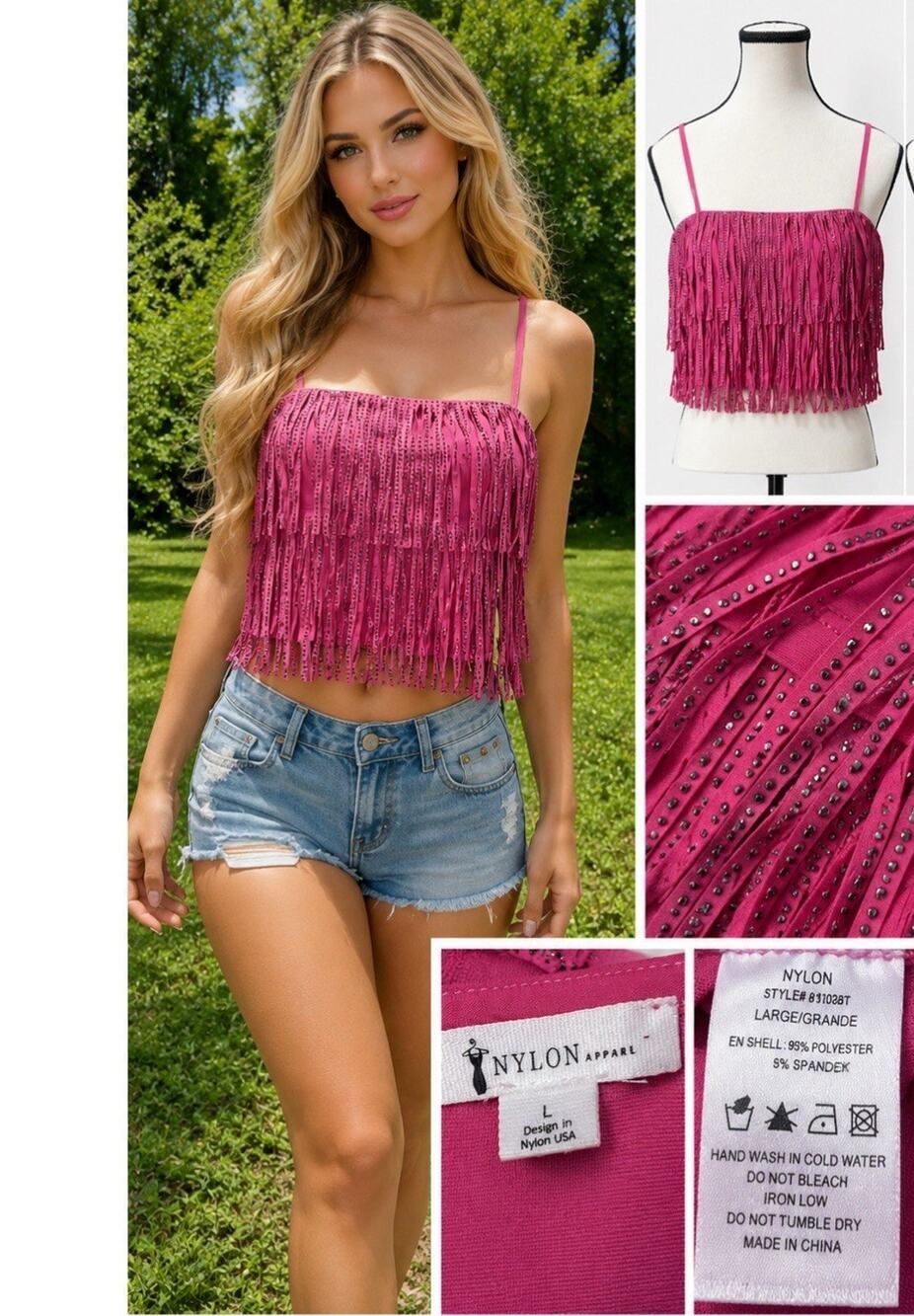 Y2K Indie Boho Nylon Apparel Fringe Crop Top Size L Pink Studded Rodeo Western